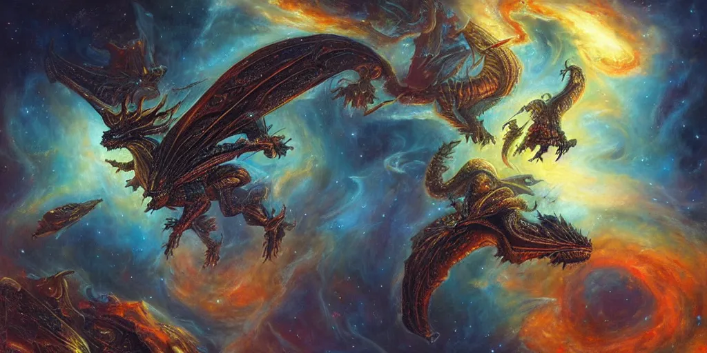 Image similar to an alien dragon flying through outer space, epic nebula, dan seagrave art