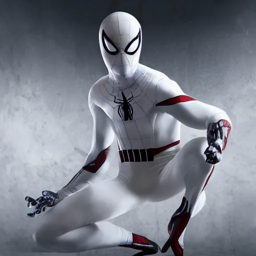 Image similar to white spider - man suit with black web lining, cinematic, volumetric lighting, realistic, hyperdetailed, photorealistic, photograph