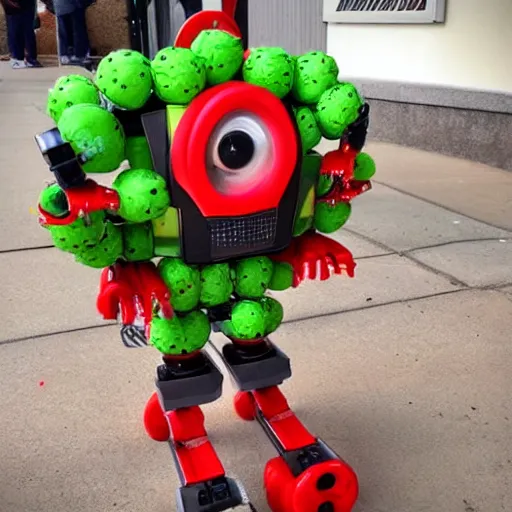 Prompt: scary robot made of apples and tennisballs