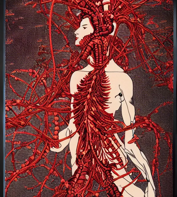 Prompt: still frame from Prometheus harvest goddess cyborg in crimson filament mycelium dressed by Neri Oxman and alexander mcqueen metal couture haute couture editorial by utagawa kuniyoshi by giger