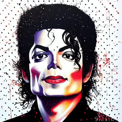 Prompt: painting of Michael Jackson by Sandra Chevrier, trending on Artstation, sharp focus illustration, cosmic background, intricate, hyperdetailed