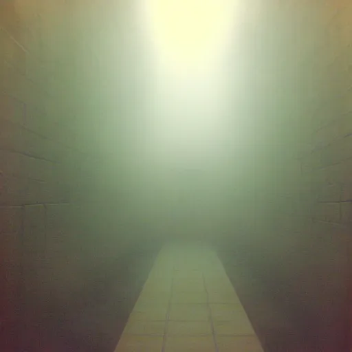 Prompt: Beautiful cameraphone 2000s, soft liminal Photograph of foggy hallway pool growing