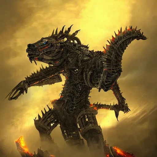 Image similar to high quality art of a giant mechanized dragon in an apocalyptic future, made of plates and armor throughout the body, having 4 limbs and 4 talons on each foot, and glowing fiery red eyes, climbing over a destroyed building in a hazy radioactive atmosphere, roaring with an epic pose into the air as the building crumbles under the weight, showing lots of sharp teeth. furaffinity, deviantart, artstation, high quality