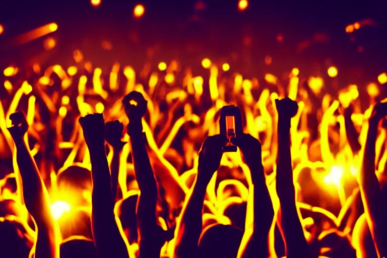 Image similar to crowd partying with their hands up and lighters in the air at a festival, silhouette, digital art, trending on artstation, 4k, unreal engine, intricate, ornate