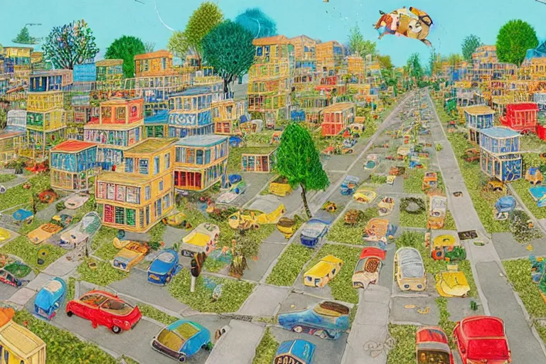 Image similar to an elaborate and dense painting of a peaceful neighborhood, detailed, made of alcohol ink on parchment and penned illustrations, by richard scarry and beeple