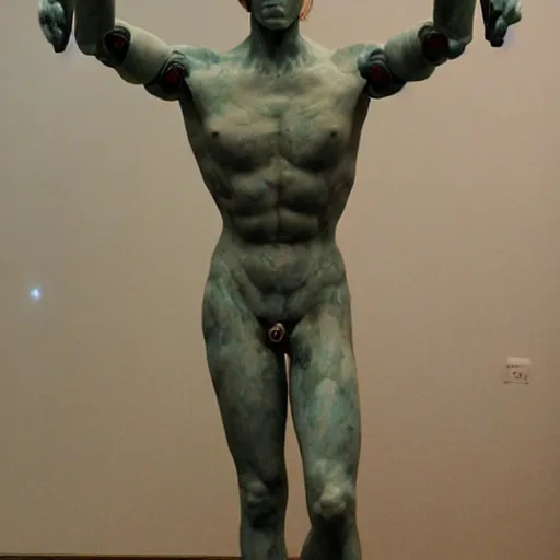 Prompt: marble statue of genetically enhanced human with robot limbs, mercury hair and extra long arms