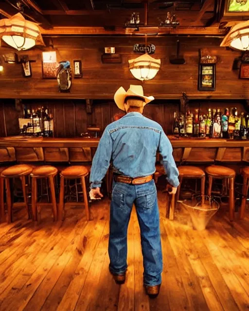 Prompt: an old cowboy walking into a crowded saloon bar. Anime. Soft lighting.