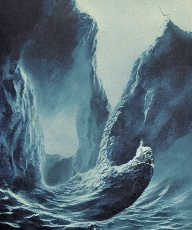 Prompt: photorealistic blue - toned photo of a 1 9 2 5 seiner sailing near a tropical skull - shaped cliff with the mouth of a sea cave at the waterline, dark, brooding, atmospheric, lovecraft, horror, smooth, epic, highly detailed, cinematic, by clyde caldwell