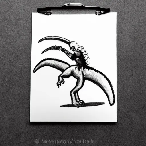 Image similar to a pencil sketch of a pinup girl riding a tyrannosaurus rex, white background, black and white