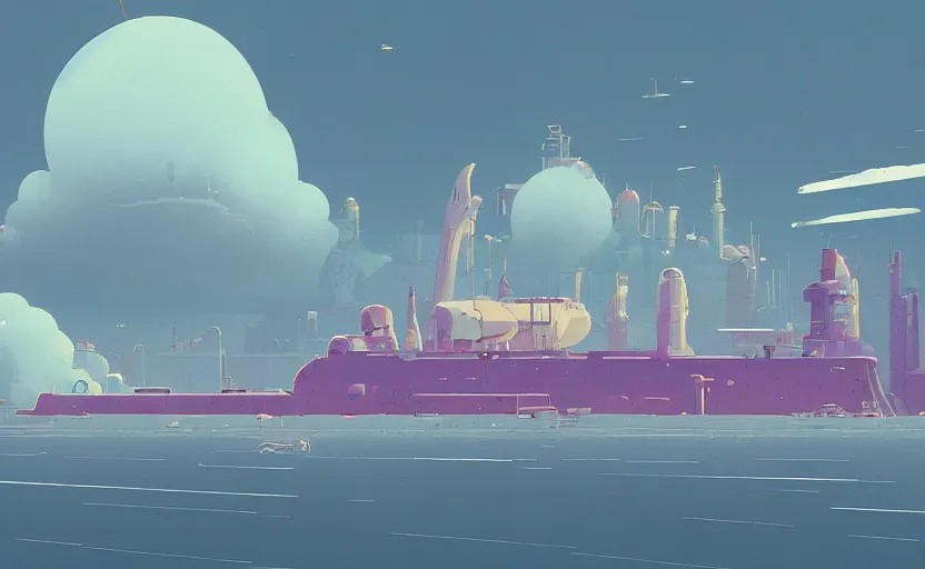 Image similar to ship building factory in clouds, moebius, james gilleard, print, game art