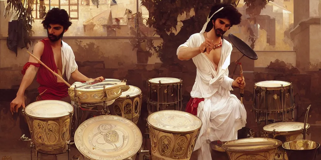 Prompt: a middle eastern drummer playing a drumset, the cymbals are replaced by dishes, elegant, highly detailed, digital painting, artstation, concept art, smooth, sharp focus, illustration, art by artgerm and greg rutkowski and alphonse mucha and william - adolphe bouguereau