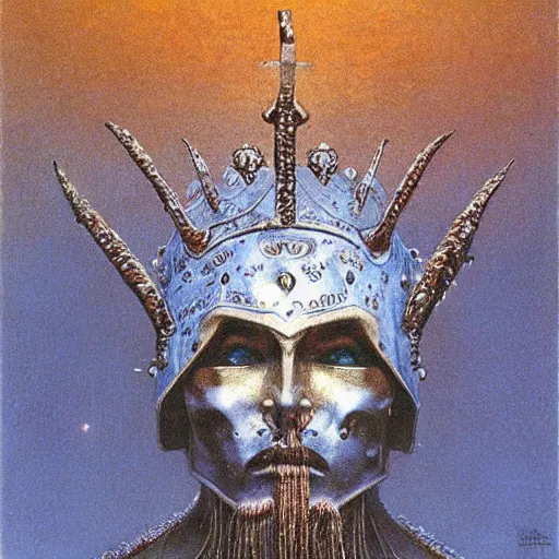 Prompt: ice lord, wearing icy ornamented armor, wearing ice royal crown war helm, beksinski