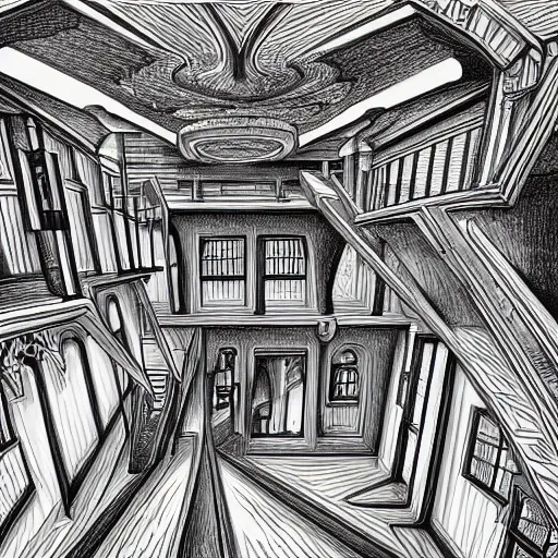 Image similar to a m. c. escher style drawing of the metaverse