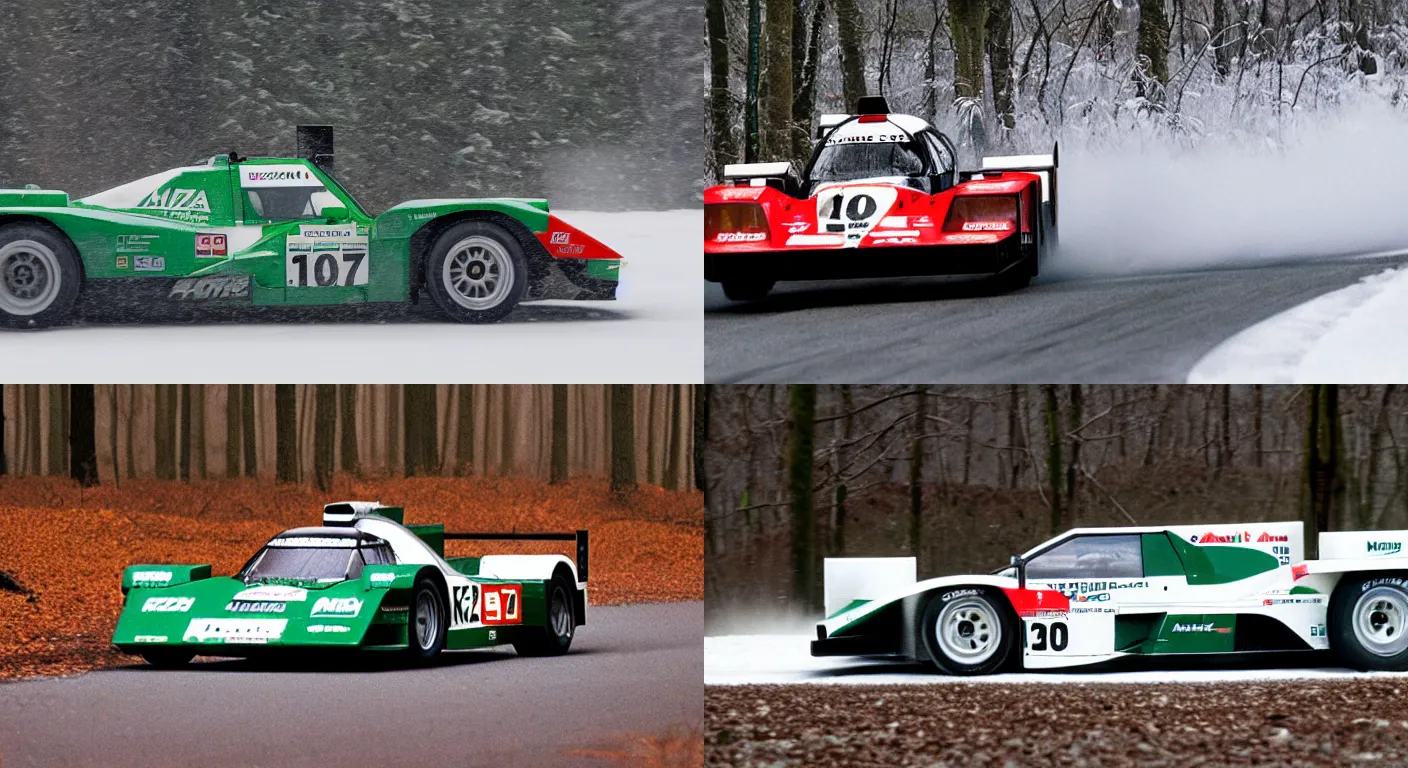 Prompt: a 1 9 9 1 mazda 7 8 7 b, racing through a rally stage in a snowy forest