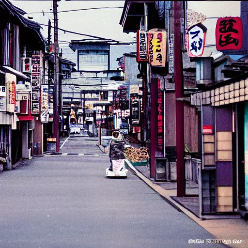 Image similar to a 90s grainy photograph of a japanese town, afternoon