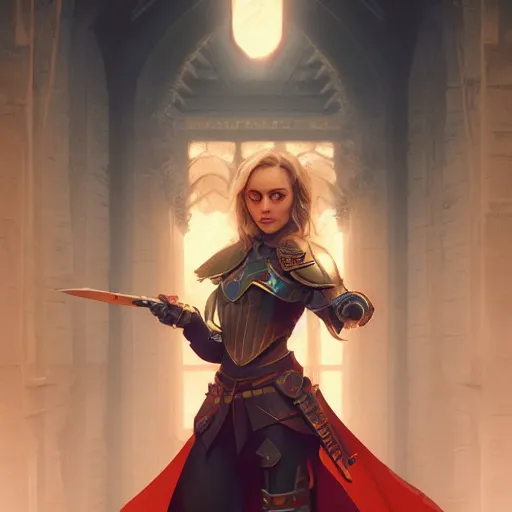 Image similar to symmetrical portrait, AnnaSophia Robb as a D&D paladin, dramatic lighting, cinematic, establishing shot, high detail, photo realistic, cinematic lighting, post processed, 8k, concept art, artstation, matte painting, in the style of eddie mendoza, raphael lacoste, alex ross