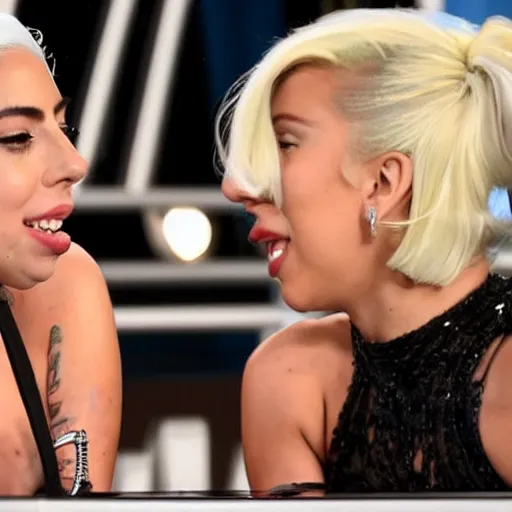 Image similar to lady gaga and aubrey plaza side eyeing each other during a late show interview