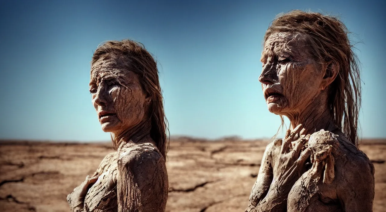 Image similar to close-up of a crying ancient dried up goddess, peaceful, facing the camera and standing in front of a dried up river in a desolate land, dead trees, blue sky, hot and sunny, highly-detailed, elegant, dramatic lighting, artstation, 4k, cinematic landscape, photograph by Elisabeth Gadd