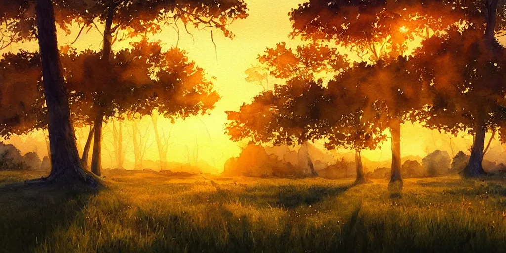 Image similar to golden hour nature landscape, watercolor, ultra realistic, highly detailed, hd, sharp focus, cinematic lighting, warm colors, realistic, photorealistic, vivid colors, painting, digital art, non blurry, sharp, artstation, smooth, illustration