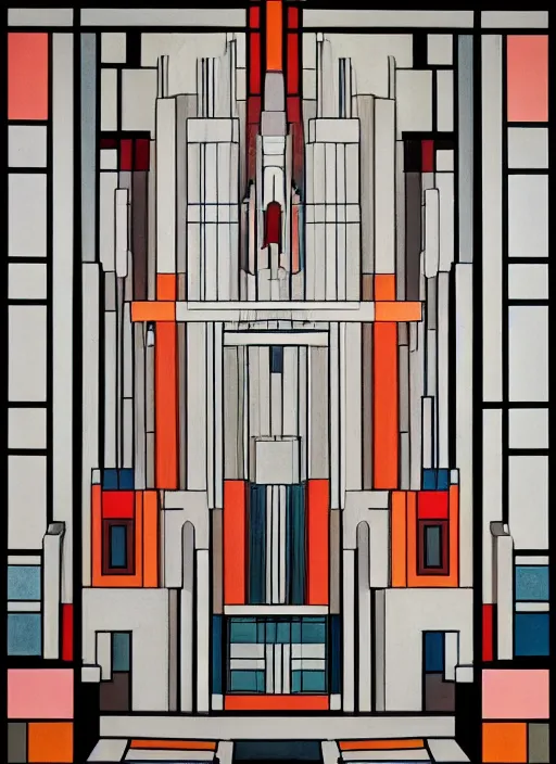 Image similar to isometric artdeco cathedral by frank lloyd wright, isometric, painted by piet mondrian