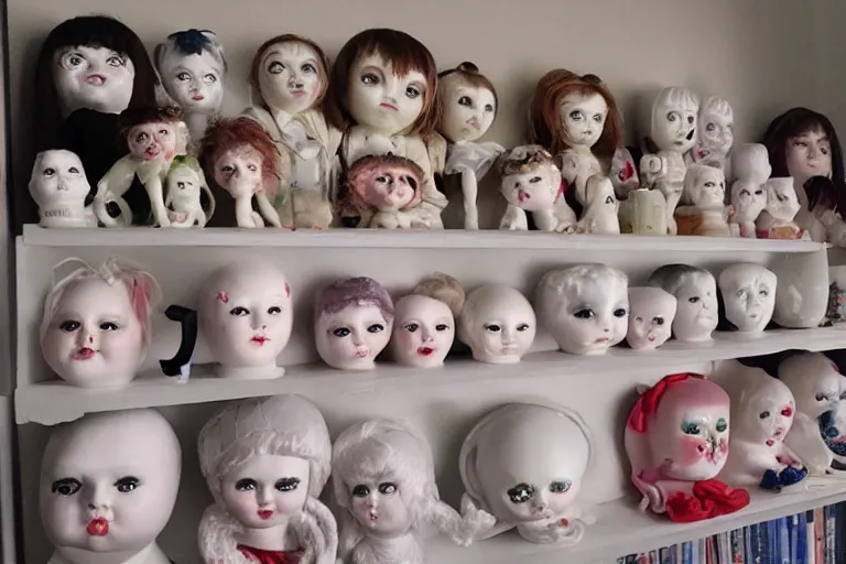 Prompt: < photo quality = scary > shelf of demonic porcelain dolls judging you for being awake so late < / photo >