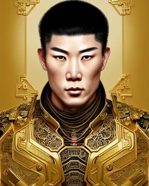 Image similar to portrait of a chinese masculine male cyberpunk machine, machine face, upper half portrait, decorated with chinese opera motifs, muscular, asian, fine china, wuxia, traditional chinese art intricate intense elegant 京 剧 highly detailed symmetry headpiece digital painting artstation concept art smooth sharp focus illustration, art by artgerm and greg rutkowski alphonse mucha 8 k