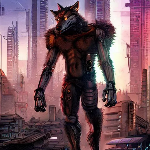 Image similar to werewolf cyborg in cyberpunk city