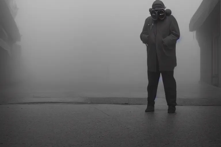 Prompt: street photography of man in gas mask sitting in a foggy alley By Emmanuel Lubezki