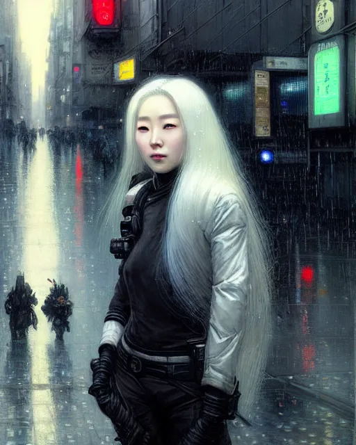 Image similar to beautiful portrait of kang seul - gi, ultra white hair, android, in rainy city street, cyberpunk, wearing tactical gear, by gaston bussiere, craig mullins, j. c. leyendecker, gustav klimt, artgerm, greg rutkowski