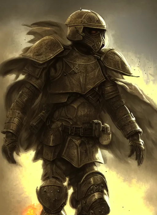 Prompt: portrait of epic armored war commander leaving war ground. highly detailed, digital painting, concept art, smooth, sharp focus, illustration