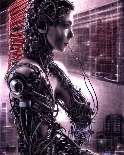 Image similar to portrait photo of an aesthetic biomechanical cyborg plugged into a quantum computer with cables and wires and optic fibers. cyberpunk horror style. art by luis royo. highly detailed 8 k. intricate. nikon d 8 5 0 5 5 mm. award winning photography.