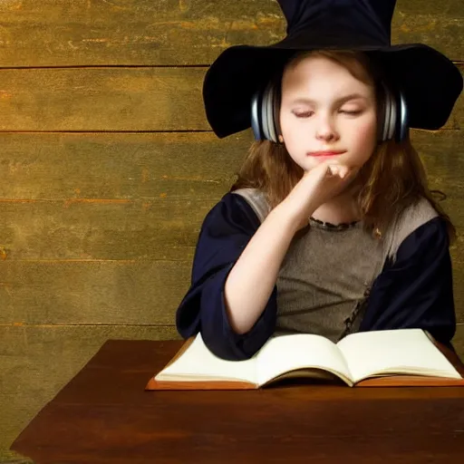 Image similar to young medieval girl wearing witch's hat and headphones sitting studying