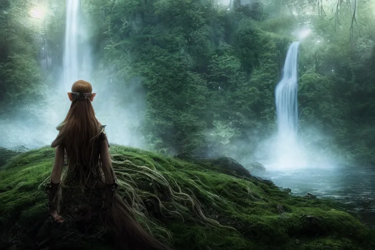 Image similar to an ultra realistic, cinematic, fantasy, headshot portrait, of an elden ring elf, fairy lights, facial features, background of a vast serene landscape, with trees and waterfalls, detailed, deep focus, movie still, dramatic lighting, ray tracing, by michal karcz and yoshitaka amano