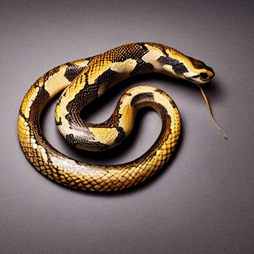 Prompt: award winning studio photography of a snake. weird fruit, studio lighting, solid background