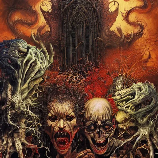 Prompt: realistic detailed image of monsters terrorizing a dinner party by Ayami Kojima, Amano, Karol Bak, Greg Hildebrandt, and Mark Brooks, Neo-Gothic, gothic, rich deep colors. Beksinski painting, part by Adrian Ghenie and Gerhard Richter. art by Takato Yamamoto. masterpiece