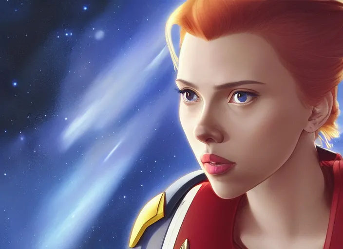 Image similar to a disney film still of scarlett johansson as a star trek officer, finely detailed features, closeup of the face, perfect art, dusk, blue hour, gapmoe yandere grimdark, trending on pixiv fanbox, painted by greg rutkowski, makoto shinkai, takashi takeuchi, alphonse mucha, akihiko yoshida