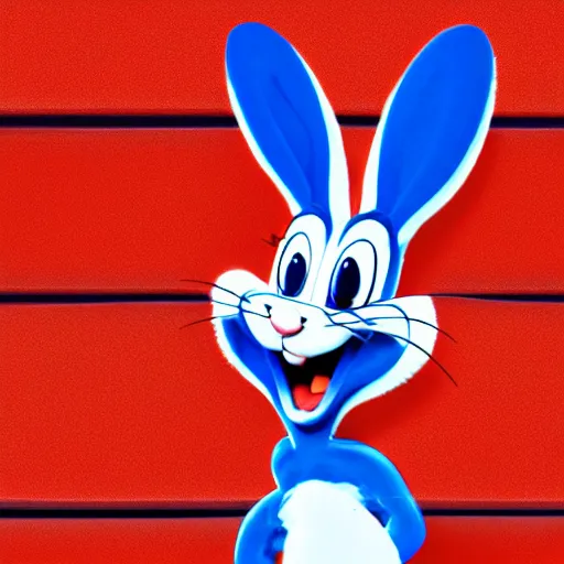 Image similar to photo of bugs bunny sitting infront of a red wall with blue stripes ultra realistic, hyper realistic, highly detailed, sharp focus, digital art