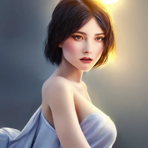 Image similar to a gorgeous female photo, professionally retouched, soft lighting, wearing sundress, illuminated by moonlight realistic, smooth face, raven black hair, perfect eyes, wide angle, sharp focus on eyes, 8 k high definition, insanely detailed, intricate, elegant, art by artgerm and wlop