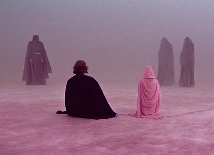 Image similar to Luke skywalker kneels before a strange jedi oracle, a mystic with infinite knowledge of time. in a foggy pink land. still from the 1983 film directed byalejandro jodorowsky. holy mountain, Photographed with Leica Summilux-M 24 mm lens, ISO 100, f/8, Portra 400