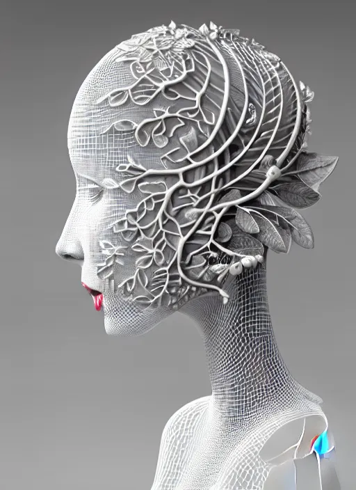 Image similar to complex 3d render ultra detailed of a beautiful porcelain profile woman face, mechanical vegetal cyborg, 150 mm, beautiful studio soft light, rim light, silver details, magnolia big filigran leaves and stems, roots, fine foliage lace, mesh wire, Alexander Mcqueen haute couture, intricate details, hyperrealistic, mandelbrot fractal, anatomical, red lips, silver metal armor, facial muscles, cable wires, microchip, elegant, white background, beautiful white teeth, octane render, H.R. Giger style, 8k