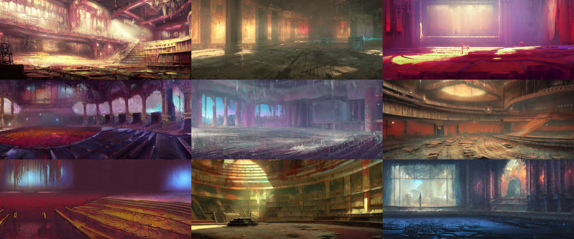 Prompt: Colorful, creepy Craig Mullins landscape painting of detailed interior of giant theater, empty stage, anime key visual