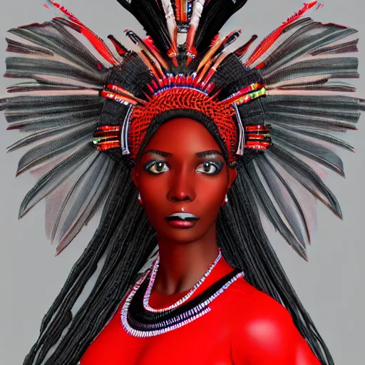 Image similar to african woman with red tribal clothes and black wings, ultra detailed, 8 k, trending on artstation, award - winning art,
