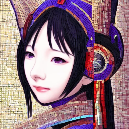 Prompt: mosaic portrait of a beautiful Iwakura Lain with robot ears by Saimir Strati, 4k, intricate details, digital, water