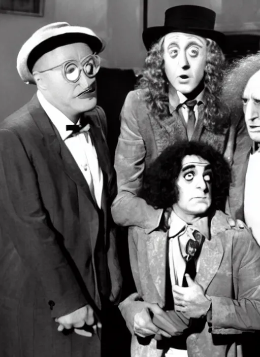 Prompt: Billy Wilder, Marty Feldman and weird al Yankovic in a still of the movie Young Frankenstein, hyperrealistic, cinema