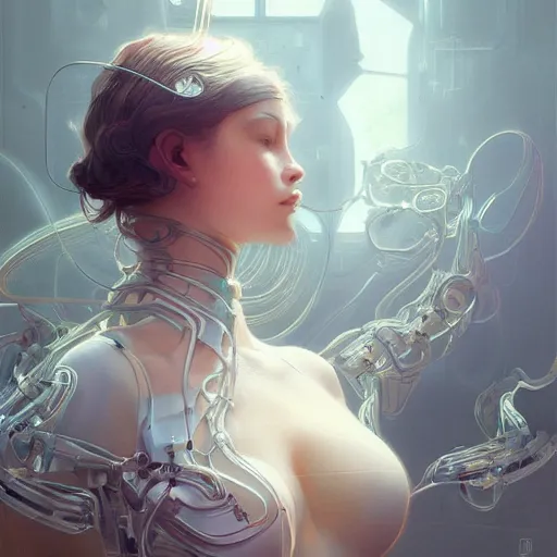 Image similar to ultra realistic illustration, manic robot girl, intricate, elegant, highly detailed, digital painting, artstation, concept art, smooth, sharp focus, illustration, award winning, art by artgerm and greg rutkowski and alphonse mucha