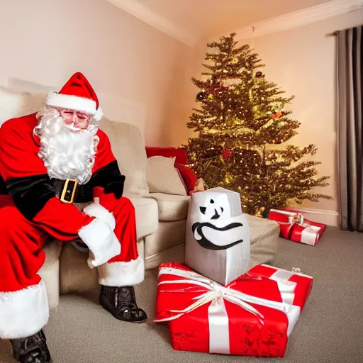 Prompt: Dark nighttime security camera footage of a sinister evil-looking Santa Claus grinning in an empty family living room on Christmas night, lost footage, wide overhead shot, dark, hyperrealistic