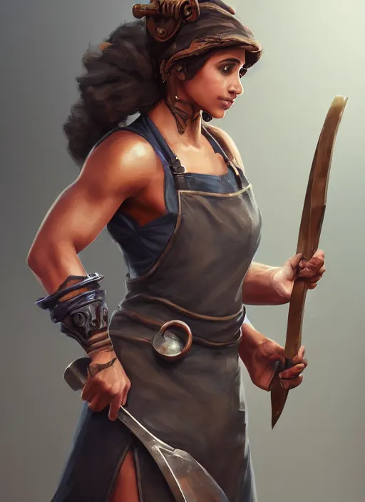 Image similar to a highly detailed illustration of naomi scott as fierce blacksmith woman wearing apron, muscular, dramatic smile pose, intricate, elegant, highly detailed, centered, digital painting, artstation, concept art, smooth, sharp focus, league of legends concept art, wlop.