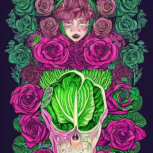 Prompt: the anatomy of a head of lettuce with roses that resemble a beautiful teen girl, an ultrafine detailed illustration by james jean, intricate linework, bright colors, final fantasy, behance contest winner, vanitas, angular, altermodern, unreal engine 5 highly rendered, global illumination, radiant light, detailed and intricate environment