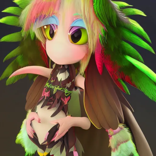 Image similar to cute fumo plush of a harpy girl with a rich plume of detailed colorful feathers, green and read, parrot, anime girl, lens flare, vray