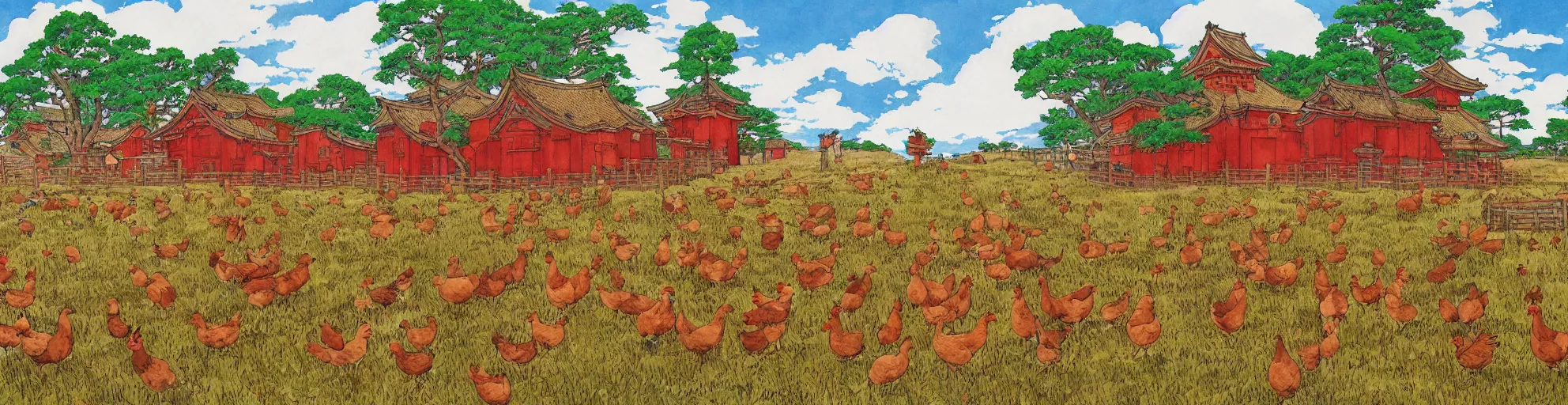 Image similar to big red and brown japanese fort in a meadow with chickens by studio ghibli painting